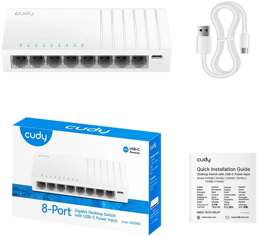 Šakotuvas CUDY GS108U | Tinklo komutatorius, 8 prievadų, gigabito, metalinis korpusas, USB-C