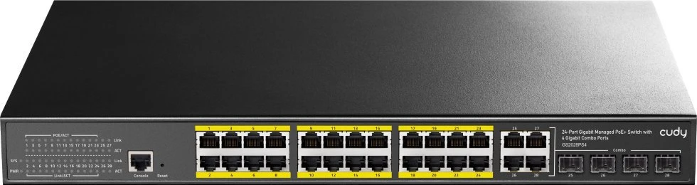 Šakotuvas Komutatorius - CUDY GS2028PS4-400W 24-Portų Gigabit L2 Valdomas PoE+ 400W 4x Gigabit Kombinuoti Prievadai