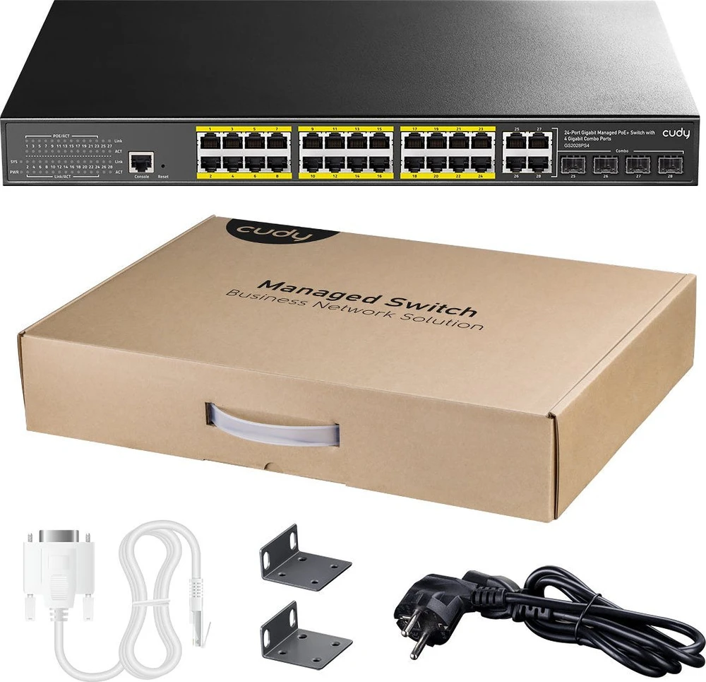 Šakotuvas Komutatorius - CUDY GS2028PS4-400W 24-Portų Gigabit L2 Valdomas PoE+ 400W 4x Gigabit Kombinuoti Prievadai