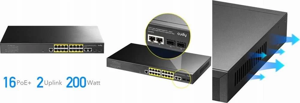 Šakotuvas Valdomas komutatorius - Cudy GS2018PS2 L2 Gigabit PoE 16 Prievadų Juodas