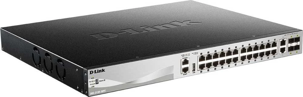 Šakotuvas D-Link DGS-3130-30PS/E L3 sukraunamas valdomas Gigabit PoE jungiklis, 24x PoE gigabit, 2x 10GBASE-T, 4x SFP+, 370W PoE