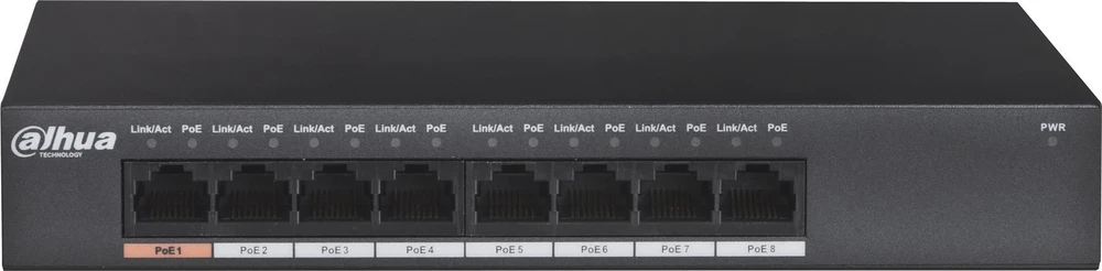 Šakotuvas Dahua Technology PFS3008-8GT-96 tinklo komutatorius Ne-valdomas L2 Gigabit Ethernet (10/100/1000) Juoda Maitinimas per Eternetą (PoE)
