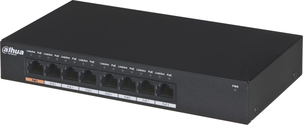 Šakotuvas Dahua Technology PFS3008-8GT-96 tinklo komutatorius Ne-valdomas L2 Gigabit Ethernet (10/100/1000) Juoda Maitinimas per Eternetą (PoE)