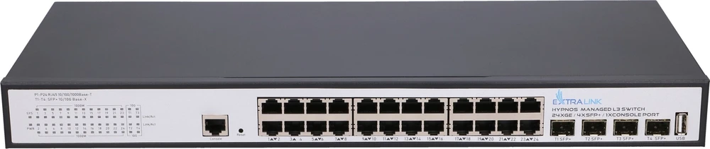 Šakotuvas Extralink Hypnos komutatorius, 24x RJ45 1000Mb/s, 4x SFP+, L3, valdomas