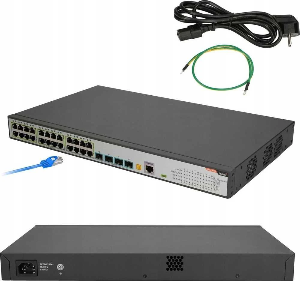Šakotuvas FBH FiberHome S4820-28T-X-PE-AC tinklo komutatorius Valdomas L2/L3 Gigabit Ethernet (10/100/1000) Maitinimas per Eternetą (PoE) 1U Juoda, Pilka