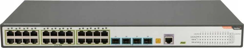 Šakotuvas FBH FiberHome S4820-28T-X-PE-AC tinklo komutatorius Valdomas L2/L3 Gigabit Ethernet (10/100/1000) Maitinimas per Eternetą (PoE) 1U Juoda, Pilka