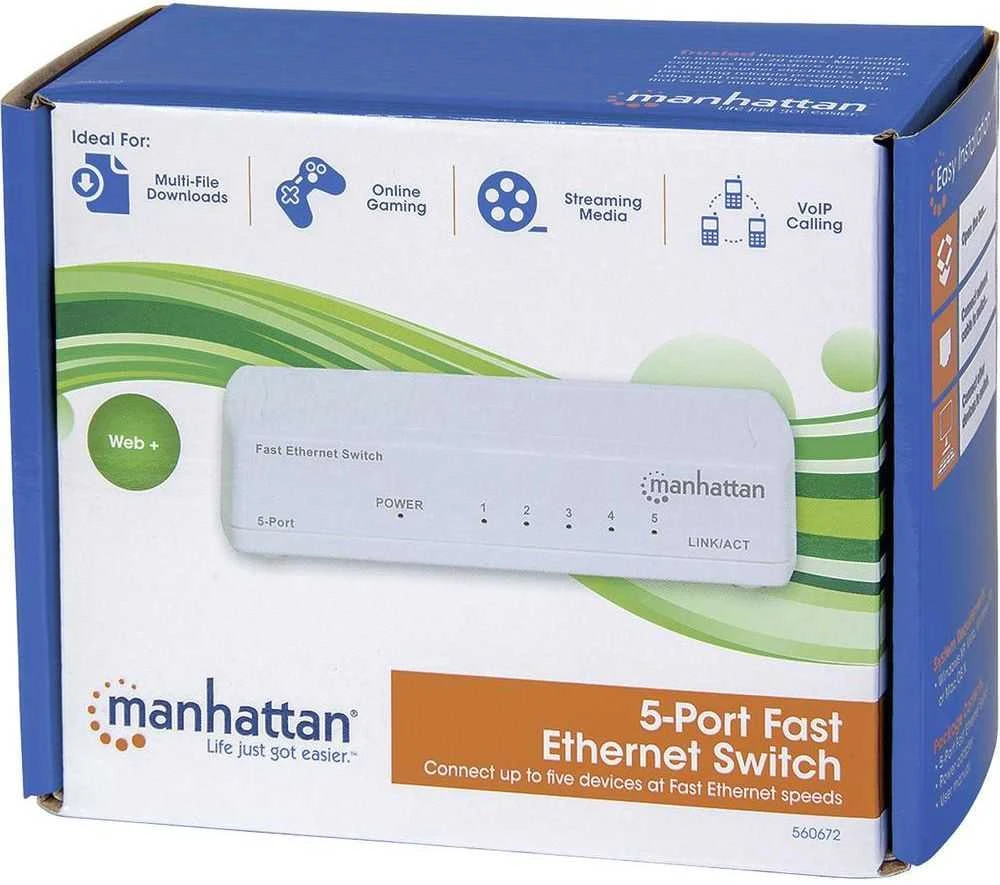 Šakotuvas „Manhattan Fast Ethernet“ biuro jungiklis, 5 prievadų, kompaktiškas, plastikinis, 560672