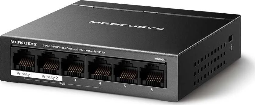 Šakotuvas „Mercusys“ | MS106LP | 6 prievadų 10/100 Mbps stalinis komutatorius su 4 prievadų „PoE+“ | Stalinis | 10/100 Mbps (RJ-45) kiekis: 6