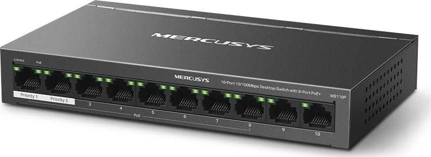 Šakotuvas Mercusys 10 prievadų 10/100 Mbps darbalaukio jungiklis su 8 prievadų PoE+ | Mercusys