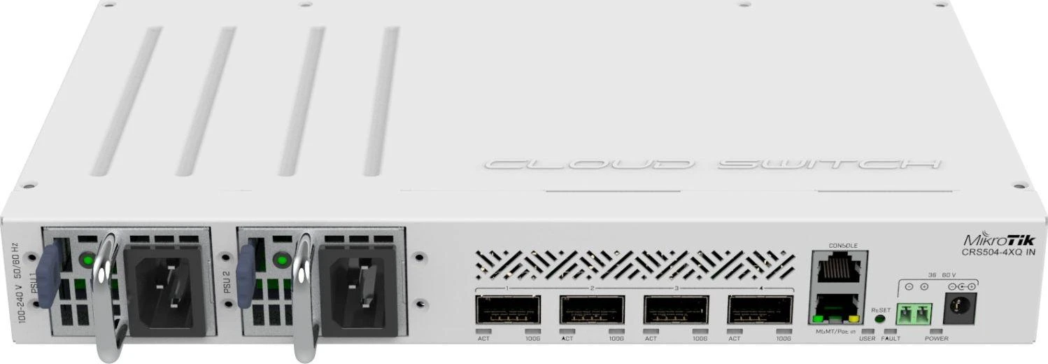 Maršrutizatorius MIKROTIK CRS504-4XQ-IN debesies komutatorius 4x 100G QSFP28 1x RJ45 100Mb/s