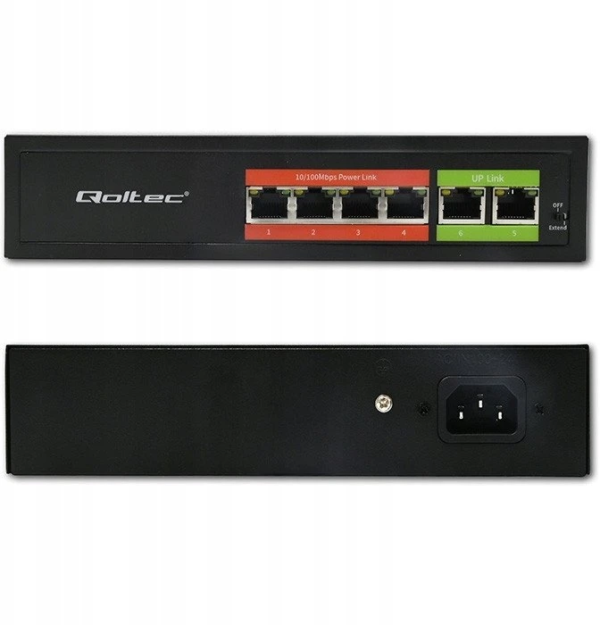 Šakotuvas „Qoltec 52289“ GREITO Ethernet PoE komutatorius | 4x RJ45 PoE | 2x RJ45 Uplink | 65 W | 10/100 Mb/s