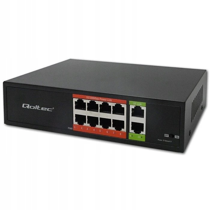 Šakotuvas „Qoltec FAST Ethernet PoE“ komutatorius 8x RJ45 PoE 2x RJ45 Uplink 120W 10/100 Mb/s
