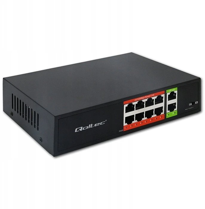 Šakotuvas „Qoltec FAST Ethernet PoE“ komutatorius 8x RJ45 PoE 2x RJ45 Uplink 120W 10/100 Mb/s