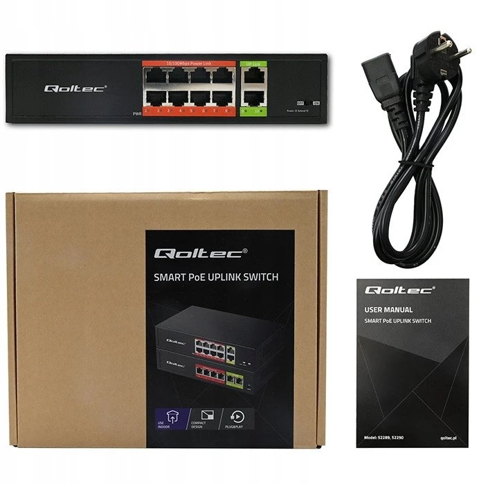 Šakotuvas „Qoltec FAST Ethernet PoE“ komutatorius 8x RJ45 PoE 2x RJ45 Uplink 120W 10/100 Mb/s