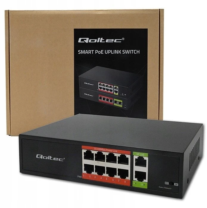 Šakotuvas „Qoltec FAST Ethernet PoE“ komutatorius 8x RJ45 PoE 2x RJ45 Uplink 120W 10/100 Mb/s
