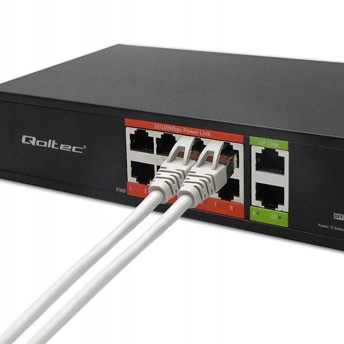 Šakotuvas „Qoltec FAST Ethernet PoE“ komutatorius 8x RJ45 PoE 2x RJ45 Uplink 120W 10/100 Mb/s