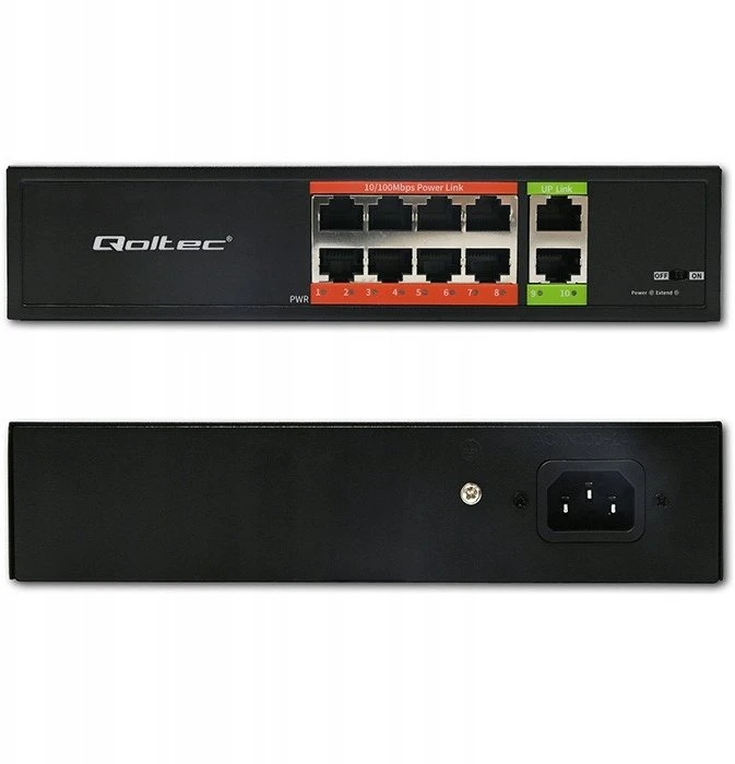 Šakotuvas „Qoltec FAST Ethernet PoE“ komutatorius 8x RJ45 PoE 2x RJ45 Uplink 120W 10/100 Mb/s