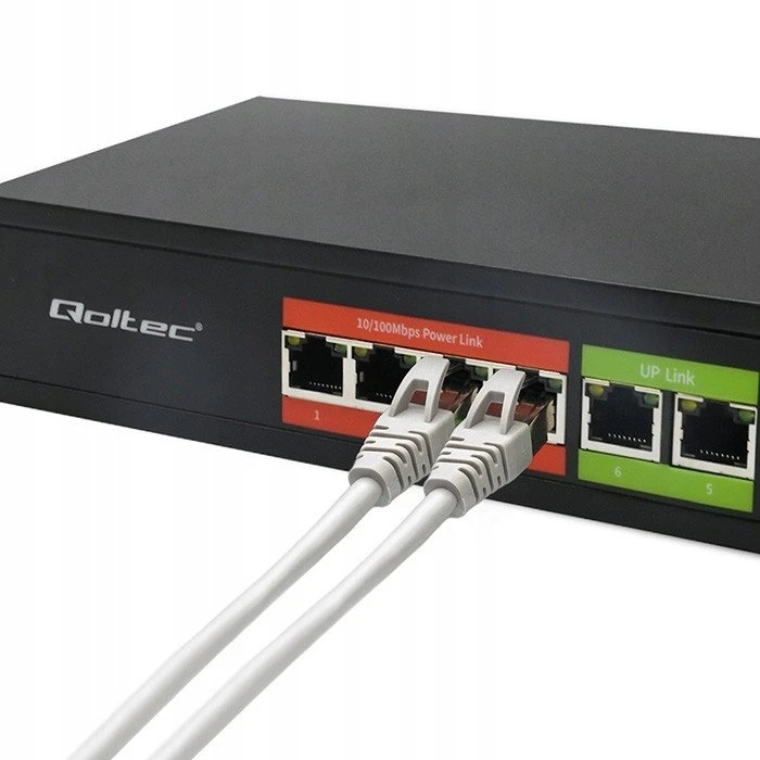 Šakotuvas „Qoltec 52289“ GREITO Ethernet PoE komutatorius | 4x RJ45 PoE | 2x RJ45 Uplink | 65 W | 10/100 Mb/s