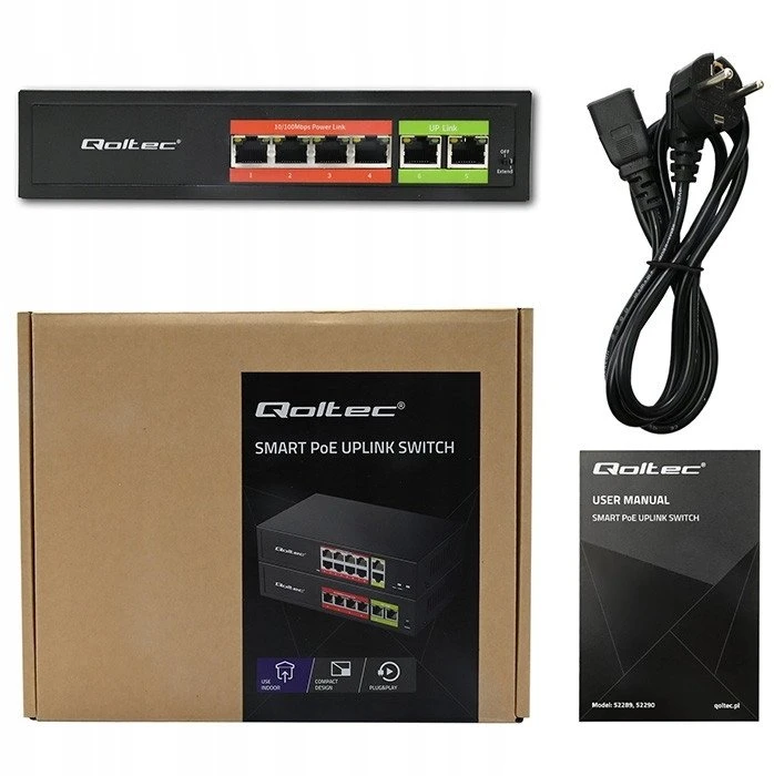 Šakotuvas „Qoltec 52289“ GREITO Ethernet PoE komutatorius | 4x RJ45 PoE | 2x RJ45 Uplink | 65 W | 10/100 Mb/s