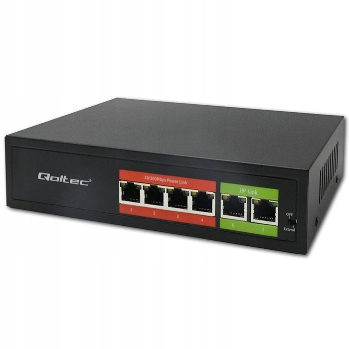 Šakotuvas „Qoltec 52289“ GREITO Ethernet PoE komutatorius | 4x RJ45 PoE | 2x RJ45 Uplink | 65 W | 10/100 Mb/s
