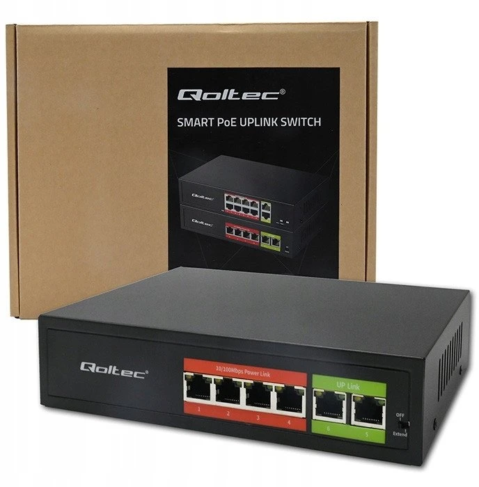Šakotuvas „Qoltec 52289“ GREITO Ethernet PoE komutatorius | 4x RJ45 PoE | 2x RJ45 Uplink | 65 W | 10/100 Mb/s
