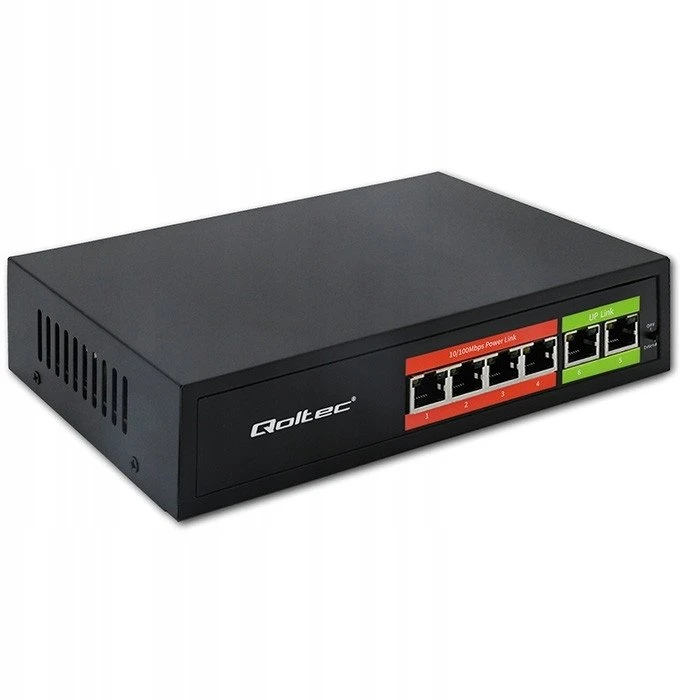 Šakotuvas „Qoltec 52289“ GREITO Ethernet PoE komutatorius | 4x RJ45 PoE | 2x RJ45 Uplink | 65 W | 10/100 Mb/s