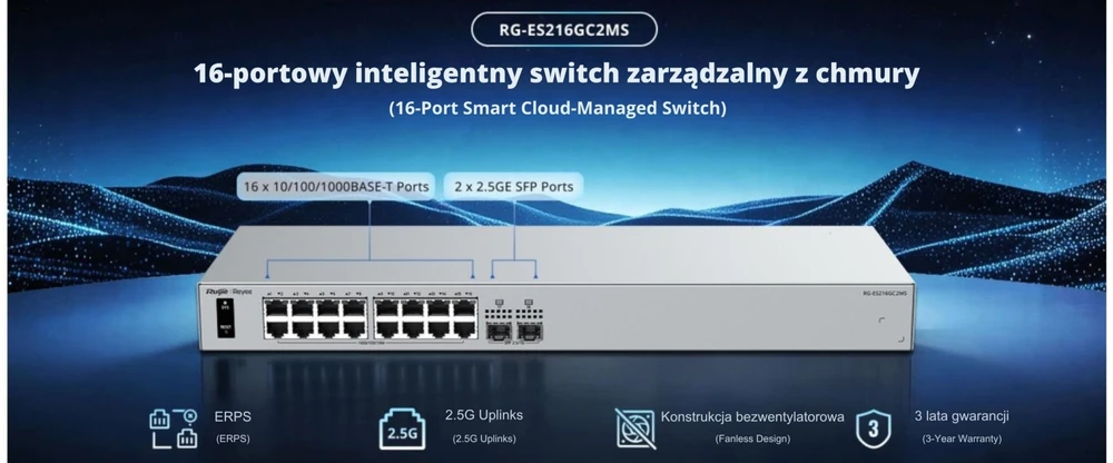 Šakotuvas Ruijie SWITCH RG-ES216GC2MS 16 PORTŲ + 2X SFP REYEE
