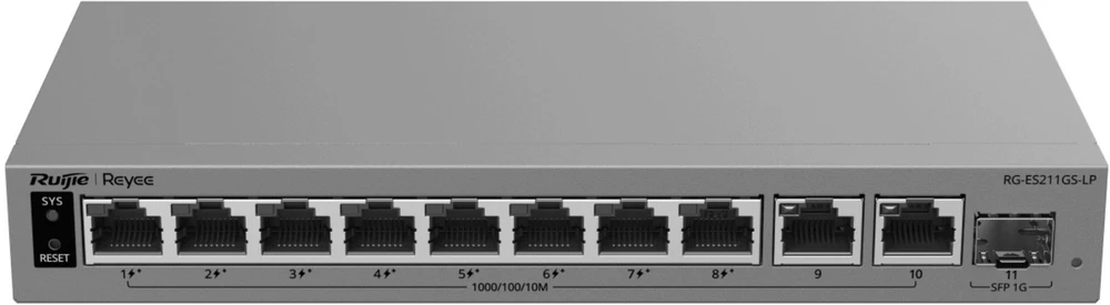 Šakotuvas Ruijie REYEE POE jungiklis RG-ES211GS-LP 8 prievadų + 2x UPLINK + 1x SFP