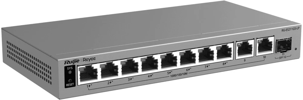 Šakotuvas Ruijie REYEE POE jungiklis RG-ES211GS-LP 8 prievadų + 2x UPLINK + 1x SFP