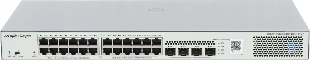 Šakotuvas Ruijie Networks 28 prievadų komutatorius Ruijie Reyee RG-NBS3100-24GT4SFP-P-V2 (Valdomas, Layer 2, 24 x PoE+)