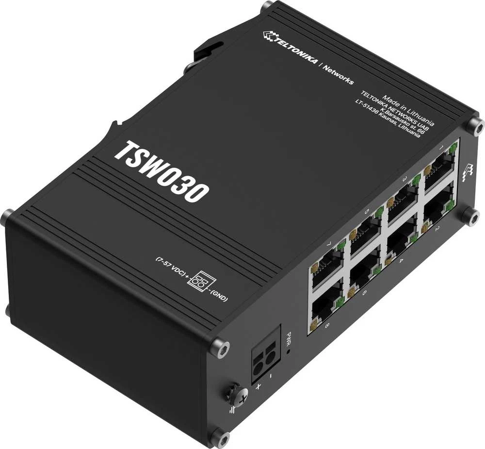 Šakotuvas Teltonika | Komutatorius | TSW030 | Nevaldomas | Montuojamas ant DIN bėgelio | 10/100 Mbps (RJ-45) jungčių kiekis: 8 | Maitinimo šaltinio tipas: 2 kontaktų pramoninis nuolatinės srovės maitinimo lizdas