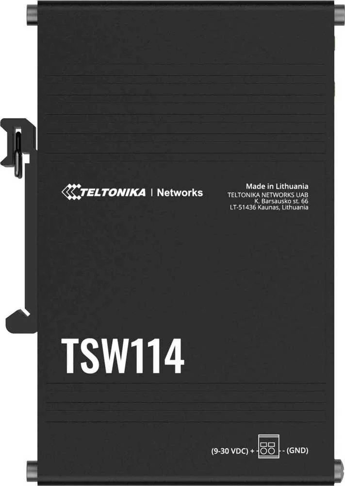 Šakotuvas Teltonika | DIN bėgelio komutatorius | TSW114 | Nevaldomas | Montuojamas ant sienos | Gigabito Ethernet (varinis) jungtys kiekis: 5 | Maitinimo šaltinio tipas: 2 kontaktų pramoninis nuolatinės srovės maitinimo lizdas