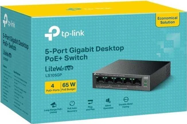 Šakotuvas TP-LINK | 5 prievadų Gigabit stalinio kompiuterio jungiklis su 4 prievadų PoE+ | LS105GP | Nevaldomas | Darbalaukis