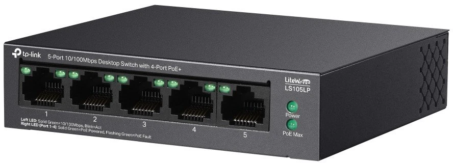 Šakotuvas TP-LINK | 5 prievadų 10/100 Mbps jungiklis su 4 prievadų PoE | LS105LP | Nevaldomas | Darbalaukis