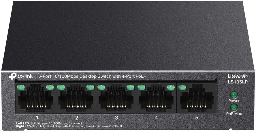 Šakotuvas TP-LINK | 5 prievadų 10/100 Mbps jungiklis su 4 prievadų PoE | LS105LP | Nevaldomas | Darbalaukis