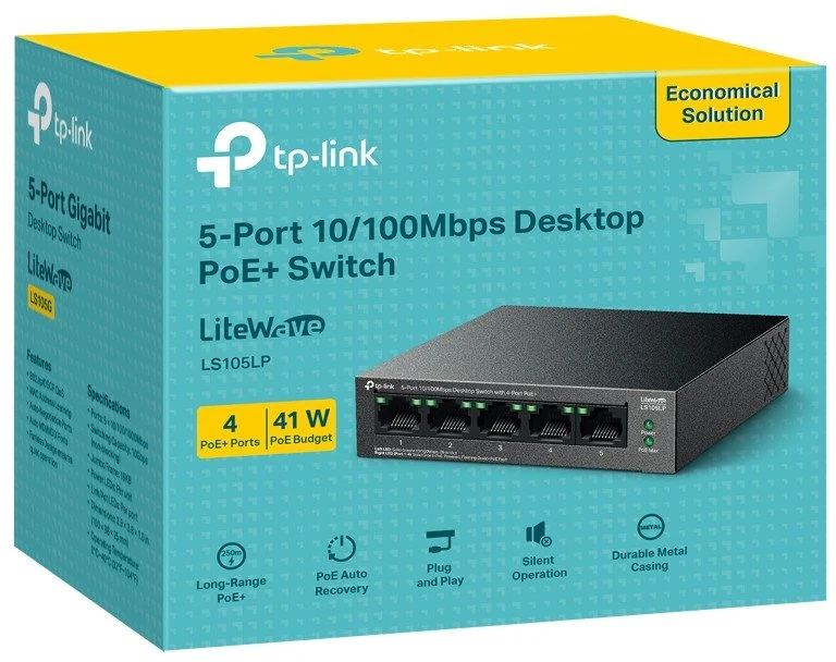 Šakotuvas TP-LINK | 5 prievadų 10/100 Mbps jungiklis su 4 prievadų PoE | LS105LP | Nevaldomas | Darbalaukis