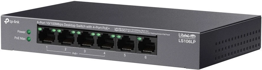 Šakotuvas TP-LINK | 6 prievadų 10/100 Mbps darbalaukio jungiklis su 4 prievadų PoE | LS106LP | Nevaldomas | Darbalaukis