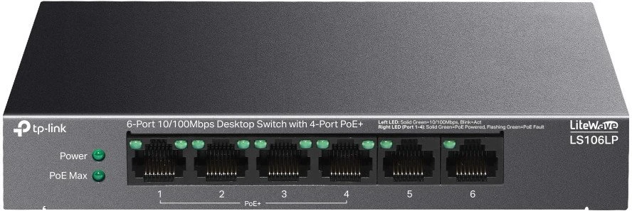 Šakotuvas TP-LINK | 6 prievadų 10/100 Mbps darbalaukio jungiklis su 4 prievadų PoE | LS106LP | Nevaldomas | Darbalaukis