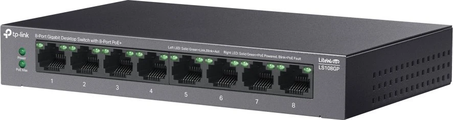 Šakotuvas TP-LINK | 8 prievadų Gigabit darbalaukio jungiklis su 8 prievadų PoE+ | LS108GP | Nevaldomas | Darbalaukis