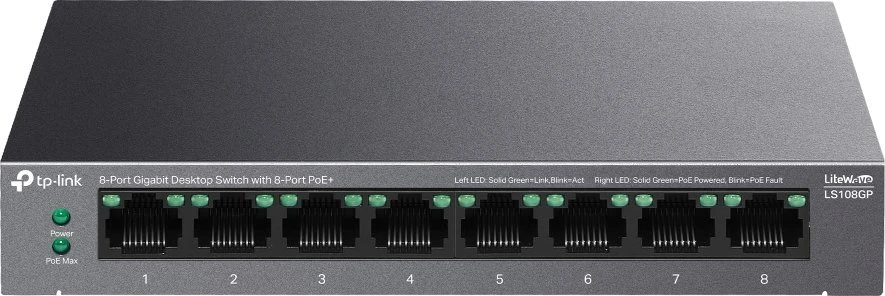 Šakotuvas TP-LINK | 8 prievadų Gigabit darbalaukio jungiklis su 8 prievadų PoE+ | LS108GP | Nevaldomas | Darbalaukis