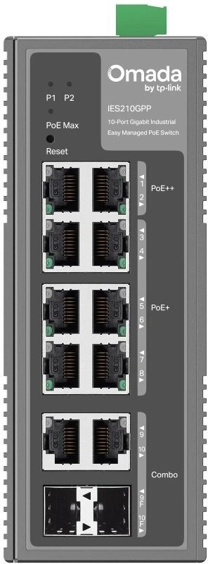 Šakotuvas TP-Link Omada 10 prievadų gigabito pramoninis lengvai valdomas komutatorius su 6 prievadų PoE+ ir 2 prievadų PoE++