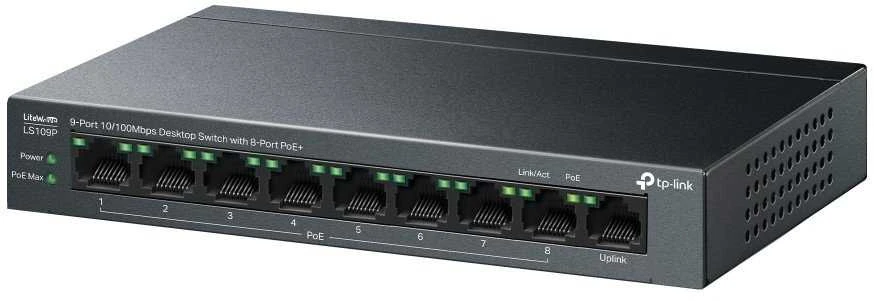 Šakotuvas TP-LINK | 9 prievadų 10/100 Mbps darbalaukio jungiklis su 8 prievadų PoE+ | LS109P | Nevaldomas | Darbalaukis | 10/100 Mbps (RJ-45) jungtys kiekis 9