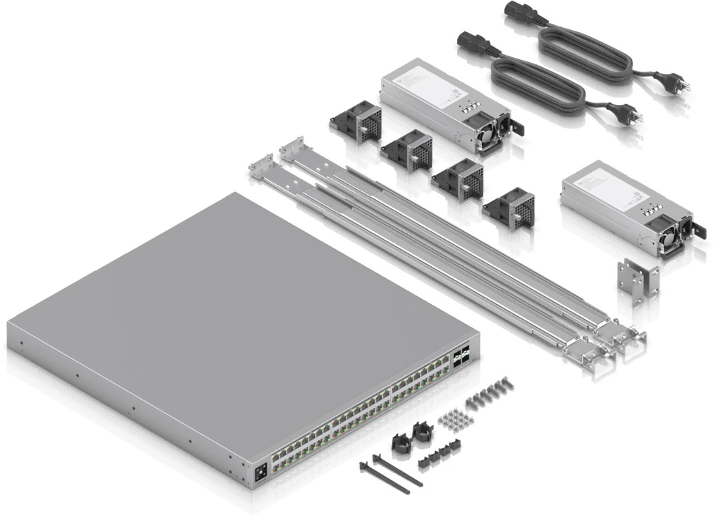 Šakotuvas „Ubiquiti ECS-48-PoE“ (2150 W) | Komutatorius | „Etherlighting™“, 16x 2,5 GbE RJ45, 32x 10 GbE RJ45, 4x SFP28, 2x QSFP28, L3, PoE+++
