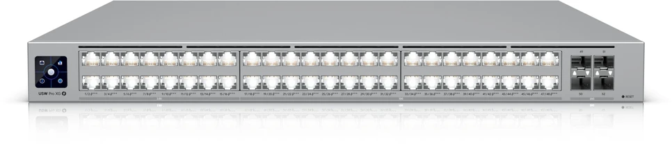 Šakotuvas Ubiquiti komutatorius UniFi 16x2.5G RJ45/32x10G RJ45/4xSFP28 valdomas PoE++ 1080W 19" montuojamas į lentyną, 1,3" jutiklinis ekranas
