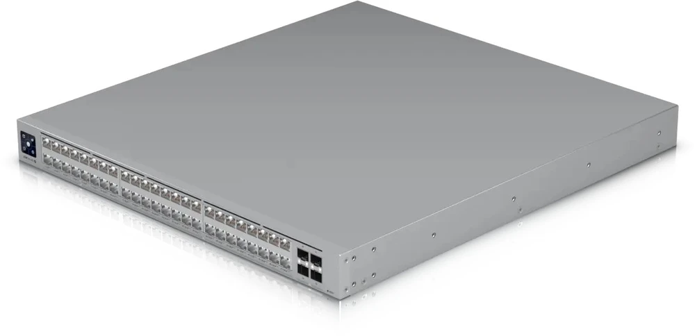 Šakotuvas Ubiquiti komutatorius UniFi 16x2.5G RJ45/32x10G RJ45/4xSFP28 valdomas PoE++ 1080W 19" montuojamas į lentyną, 1,3" jutiklinis ekranas