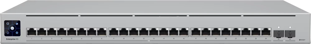 Šakotuvas „Ubiquiti“ komutatorius „UniFi 24xRJ45 10G/2xSFP28 25G“, valdomas, montuojamas į stelažą, 1,3 colio jutiklinis ekranas