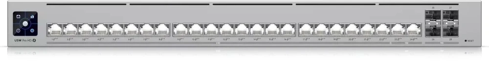 Šakotuvas „UBIQUITI PRO HD 24 POE“ PROFESIONALIOS LYGIO, 3 SLUOKSNIO „ETHERLIGHTING®“ KOMUTATORIUS SU (2) 10 GBE POE++, (22) 2,5 GBE POE++ IR (4) 10G SFP+ PRIEVADAIS. BENDRA POE GALIOS GALIMA 600 W.