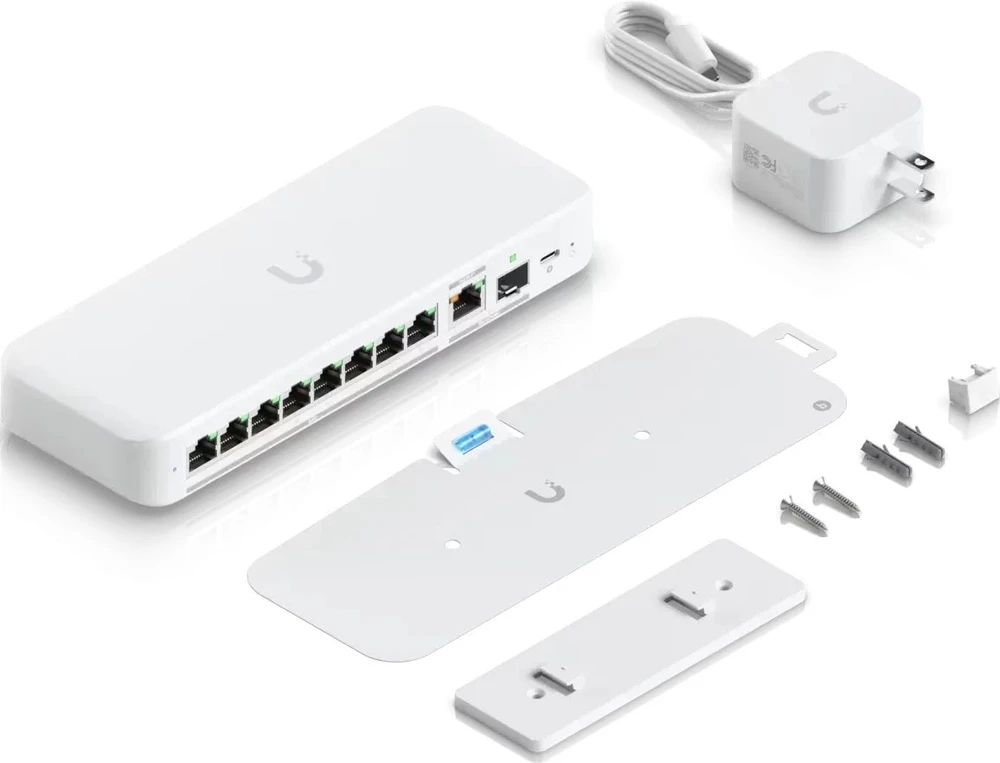 Šakotuvas UBIQUITI FLEX 2.5G LANKSTUSIS, 8 PRIESTŲ 2.5 GBE JUNGIKLIS SU 10 GBE RJ45/SFP+ KOMBINUOTU UPLINK PRIEDAS, GALIMA MAITINTI SU USB-C ARBA POE+ ADAPTERIU