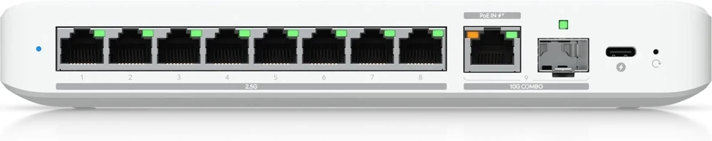 Šakotuvas UBIQUITI FLEX 2.5G LANKSTUSIS, 8 PRIESTŲ 2.5 GBE JUNGIKLIS SU 10 GBE RJ45/SFP+ KOMBINUOTU UPLINK PRIEDAS, GALIMA MAITINTI SU USB-C ARBA POE+ ADAPTERIU