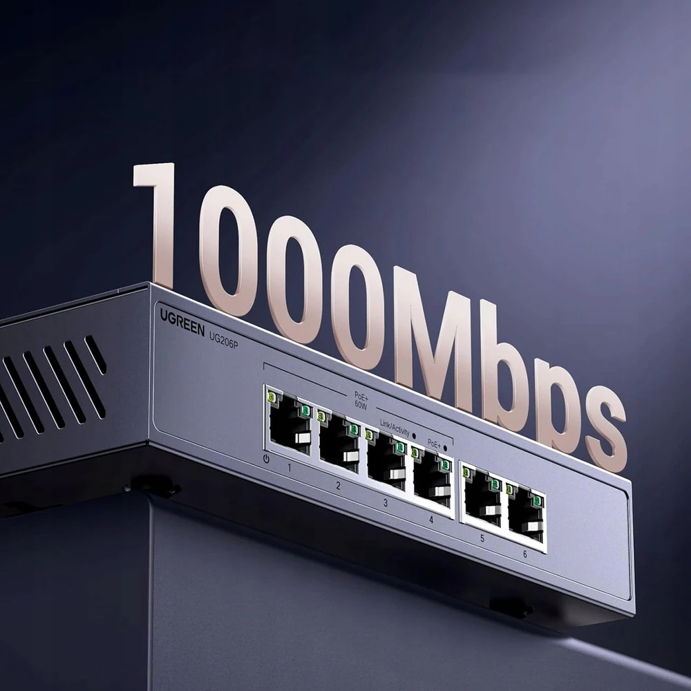 Šakotuvas „Ugreen“ 6 prievadų 1 Gb/s Ethernet komutatorius su PoE – rutulinis